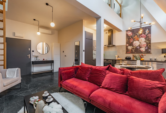 Modern apartment with elevator in the center.